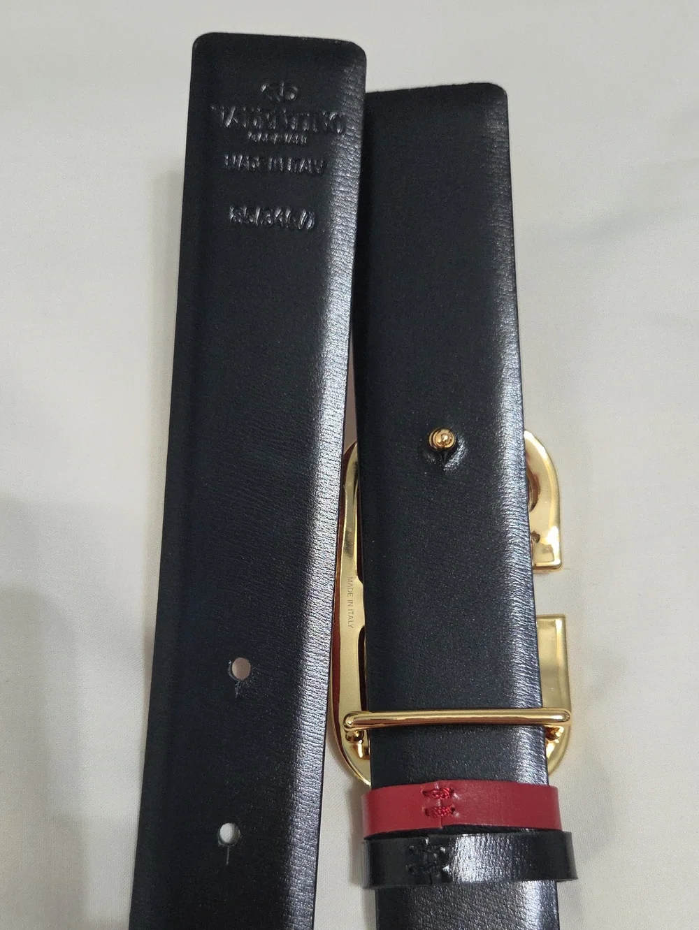 Valentino Garavani Red Black Belt with Gold Crystal Buckle